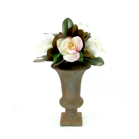 Magnolias and roses in rust urn