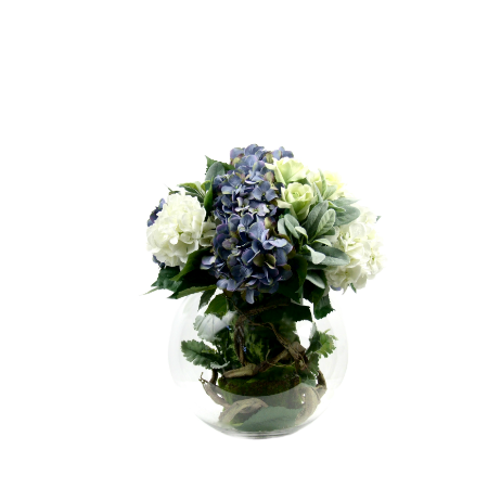 Hydrangea arrangement in fishbowl