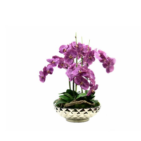 Purple orchids in silver bowl