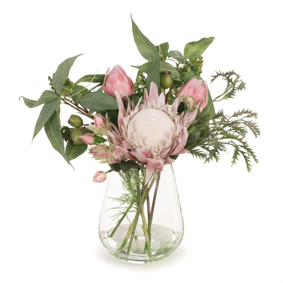 Pink Native Proteas In Glass Vase